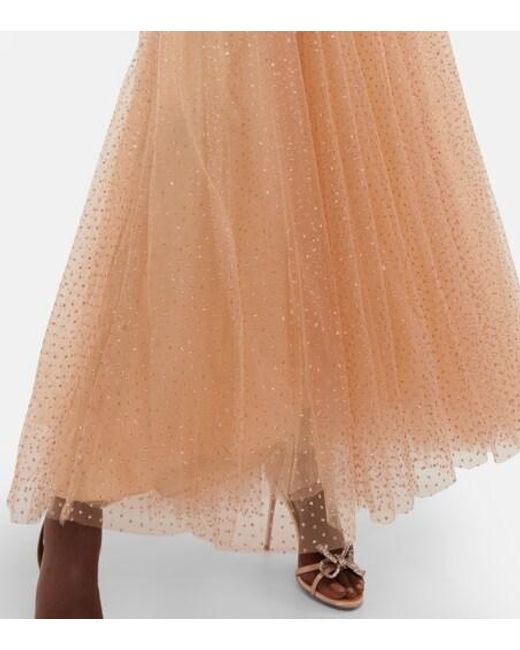 Monique Lhuillier Natural Embellished Tulle Off-Shoulder Gown