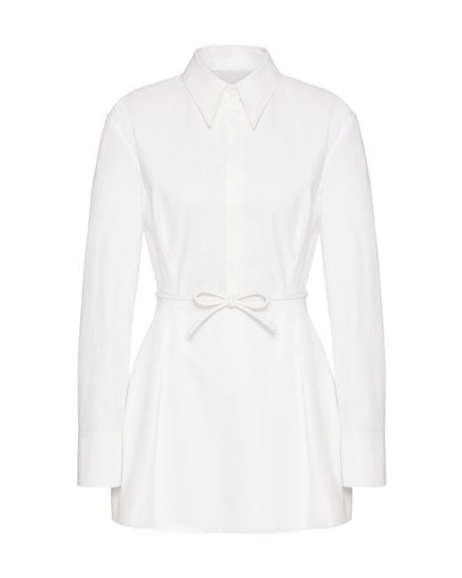 Valentino White Belted Straight Hem Long-Sleeved Shirt Dress
