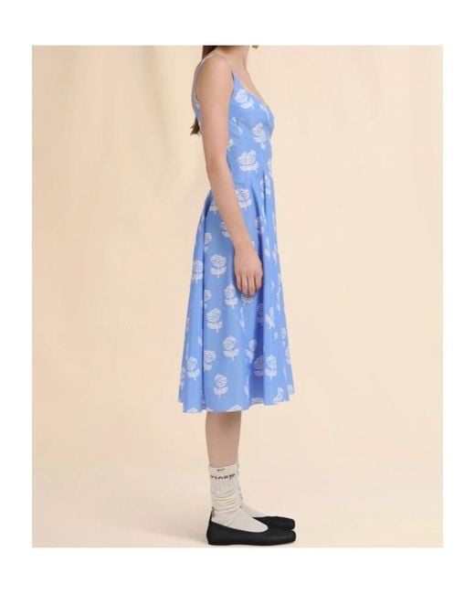 Marni Blue Light Poplin Flared Dress With Sprayed Roses Print
