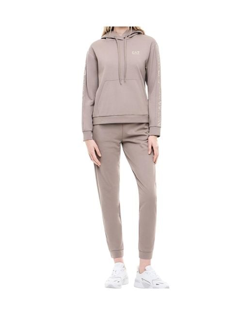 EA7 Gray Cotton Suit Tracksuit With A Hood And Logo Tape Tracksuit