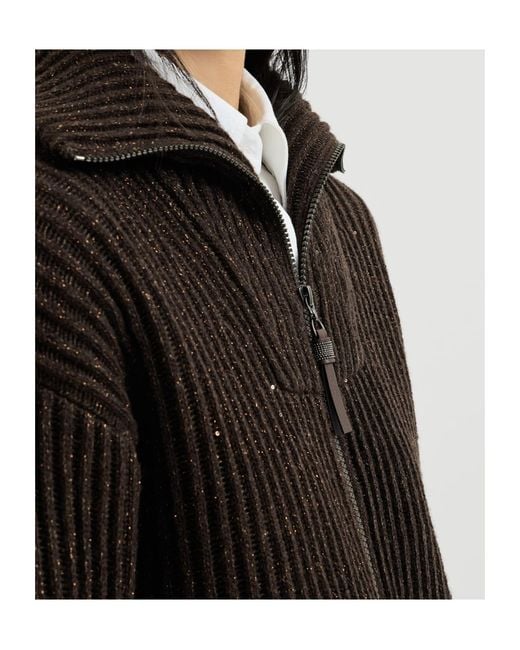 Brunello Cucinelli Black Sparkling Dazzling Cashmere And Wool Ribbed Cardigan With Shiny Zipper Pull