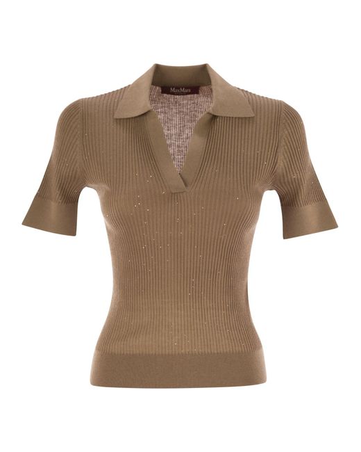Max Mara Brown Uberta Wool And Silk Polo Shirt With Sequins