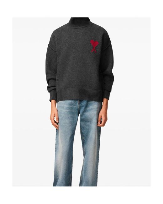 AMI Gray Ami De Coeur Turtleneck Knitted Jumper for men