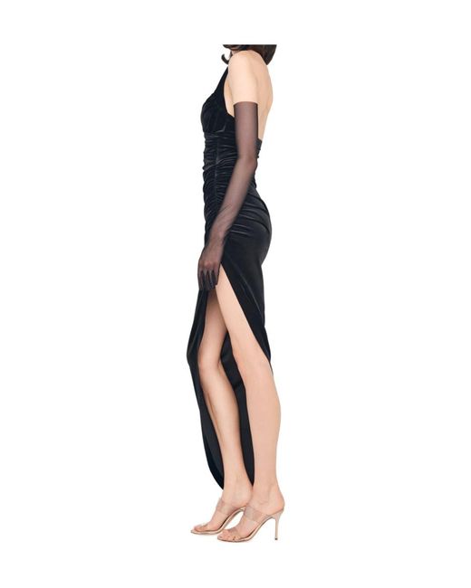 Norma Kamali Black Cayla Asymmetric Ruched Velvet Halterneck Gown