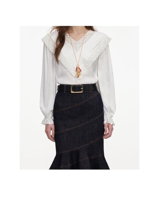 Self-Portrait Blue Cream Viscose Lace Top
