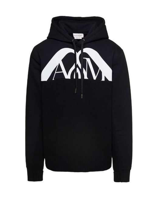 McQueen Black Logo Printed Drawstring Hoodie for men