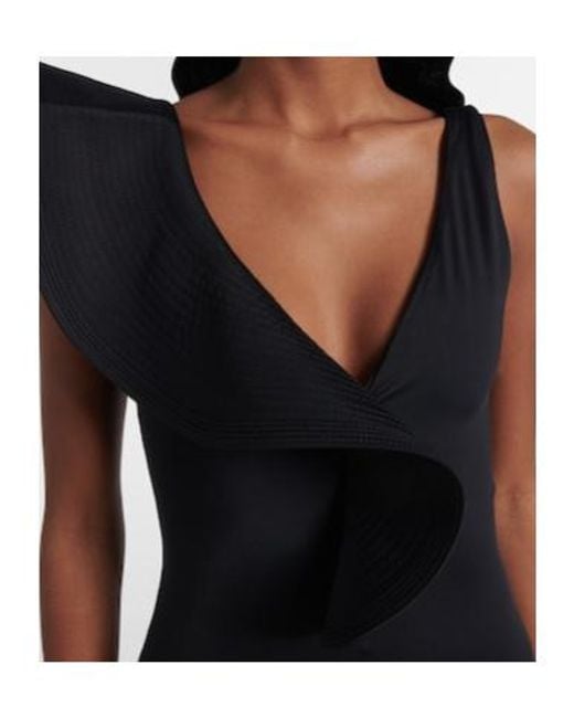 Johanna Ortiz Black Asymmetric Ruffled Swimsuit