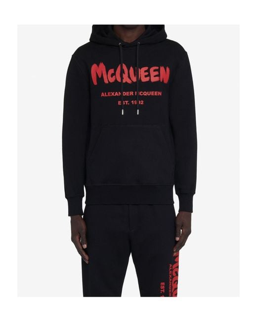 McQueen Black Logo Printed Drawstring Hoodie for men