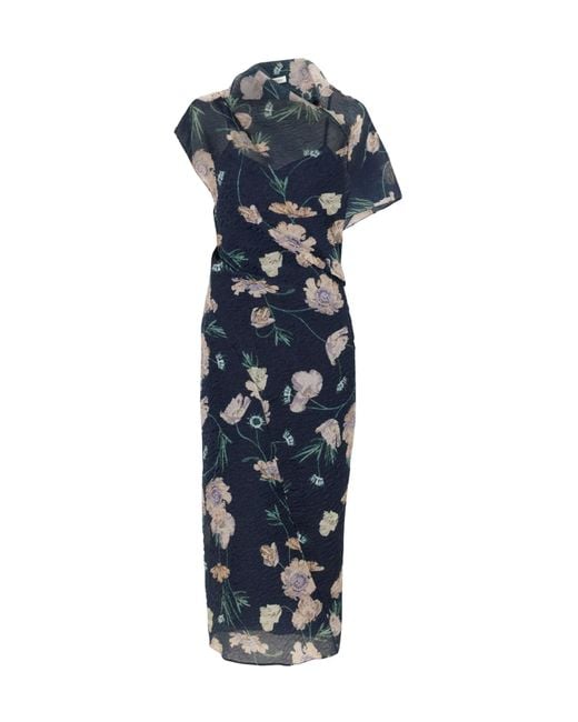 Erdem Blue Floral Sheer Wrap Midi Dress