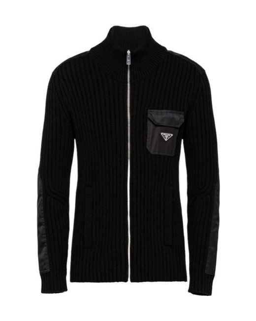 Prada Black Wool And Cashmere Cardigan With Re-Nylon Details for men