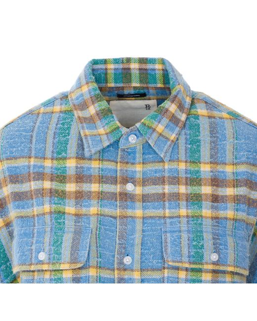 R13 Blue Check Pattern Cropped Fringed Work Shirt