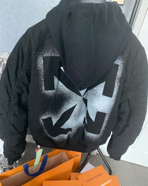 Off-White c/o Virgil Abloh Black Stencil Arrows-Motif Hooded Bomber Jacket for men