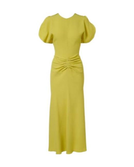 Victoria Beckham Yellow Bela Pleated Satin Midi Dress