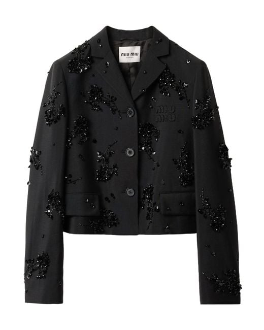 Miu Miu Black Embroidered Single-Breasted Kid Mohair Jacket