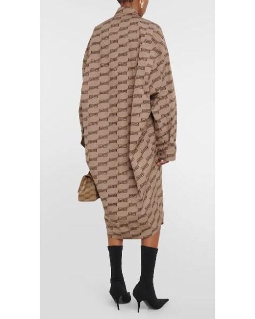 Balenciaga Natural All-Over Logo Printed Poplin Shirt Dress