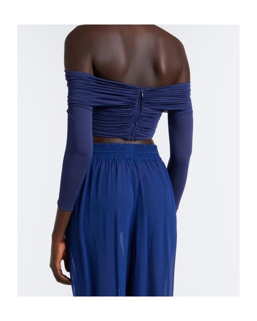 Christopher Esber Blue Marin Draped Off-Shoulder Top