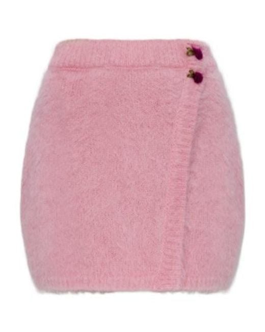 Alessandra Rich Pink Flower-Button Knitted Mini Skirt