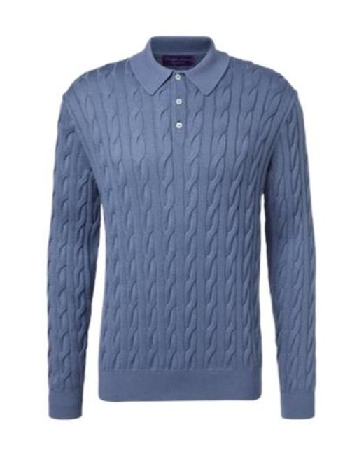 Ralph Lauren Blue Cable-Knit Cotton And Silk Polo Sweater for men