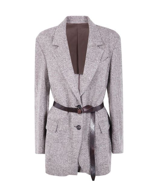 Brunello Cucinelli Gray Herringbone Belted Jacket