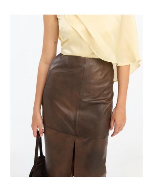 ROTATE BIRGER CHRISTENSEN Brown Front-Slit Leather Pencil Skirt