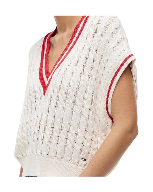 Tommy Hilfiger White Cable Knit V-Neck Oversized Sweater Vest