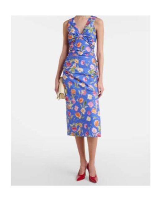 Carolina Herrera Blue Floral Gathered Cotton-Blend Midi Dress