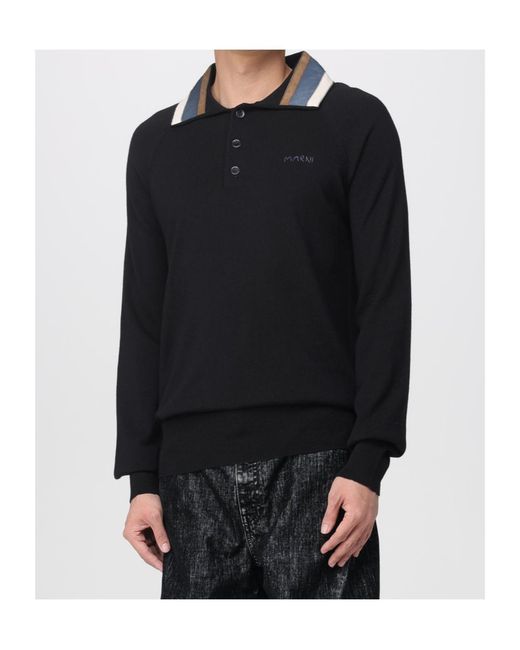 Marni Black Patchwork Gauge Polo Shirt for men