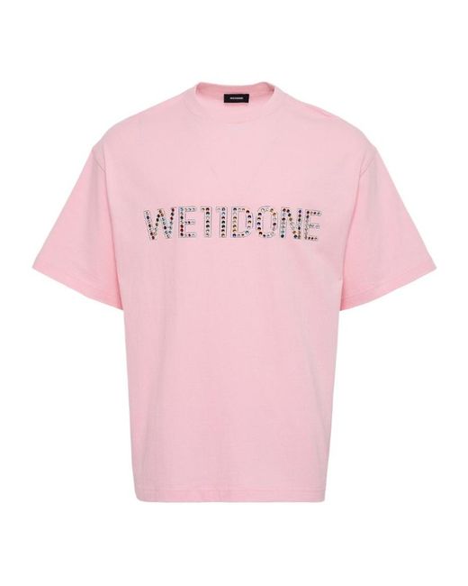 we11done Pink Logo Embellished Crewneck T-Shirt for men