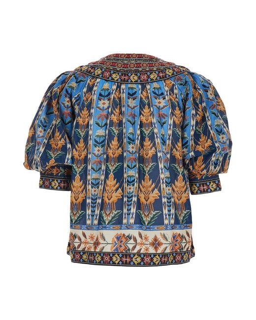 Farm Rio Blue Dress Embroidered Tapestry With Short Sleeves And Embroidery