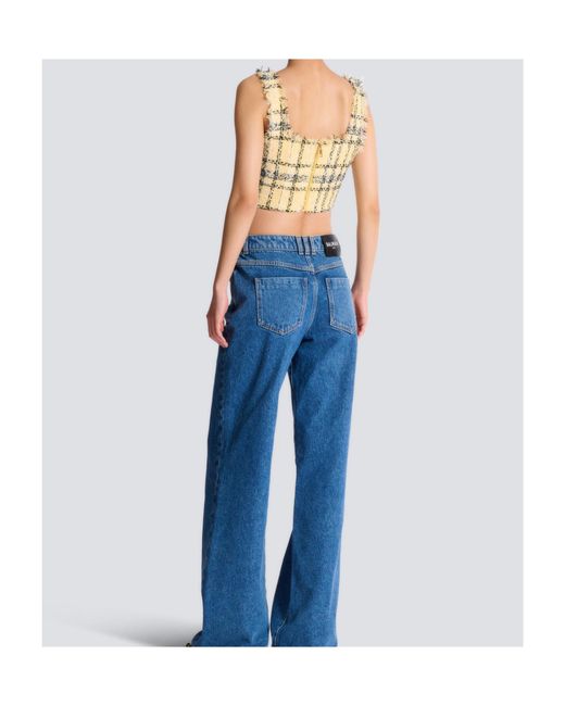 Balmain Metallic Glitter Plaid Tweed Cropped Top