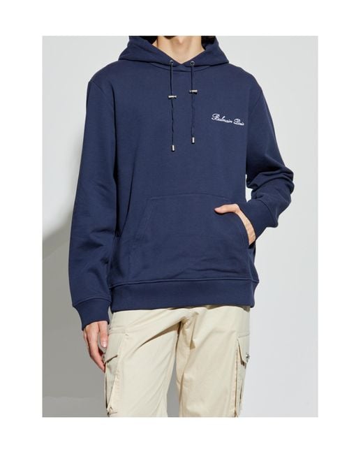 Balmain Blue Logo-Embroidered Hoodie for men
