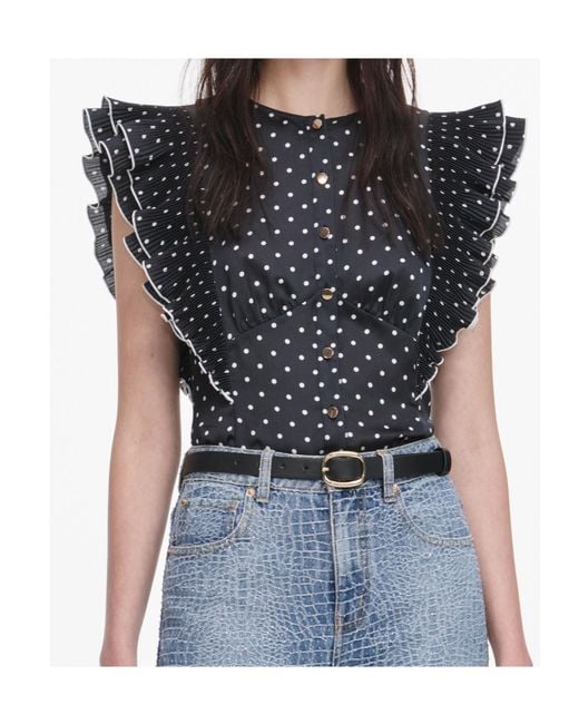 Self-Portrait Blue Ruffled Polka-Dot Top