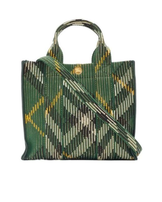 Burberry Green Check Pattern Knit Tote Bag