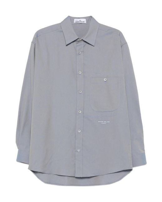 Stone Island Gray Logo Embroidered Button-Down Shirt for men