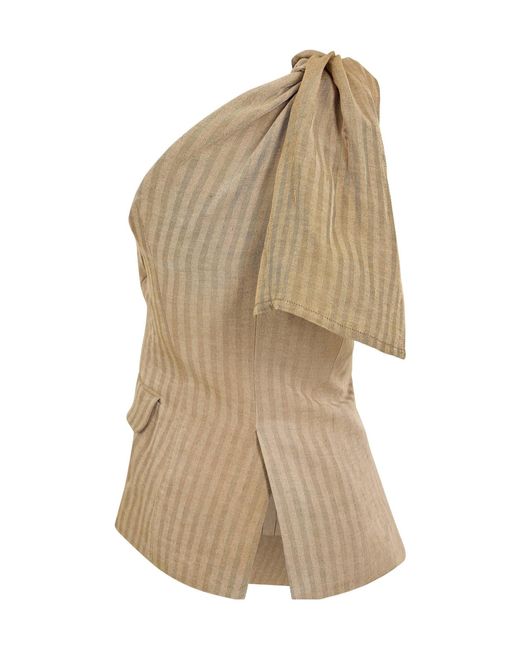 Uma Wang Natural Striped One-Shoulder Top