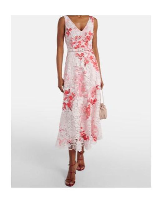 Monique Lhuillier Pink Belted Floral Midi Dress