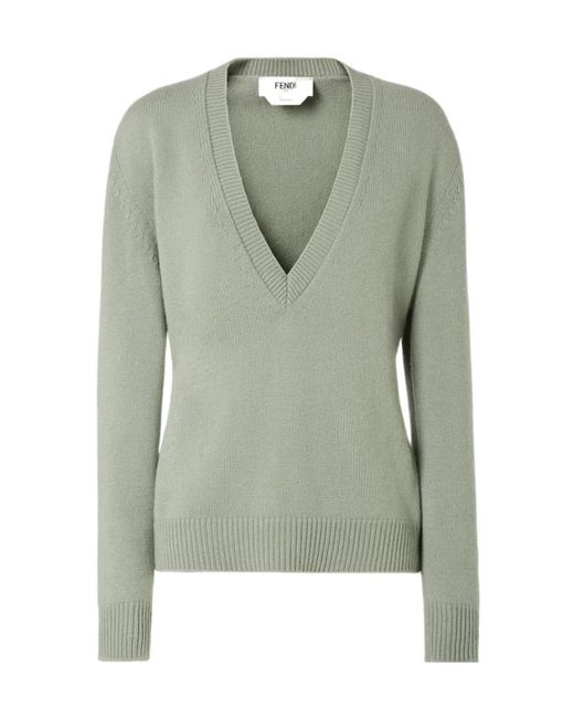 Fendi Green V-Neck Elastic Waistband Knitted Jumper