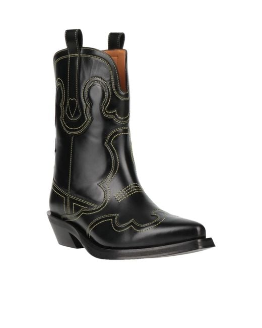 Ganni Black Simple Leather Denim Ankle Boots