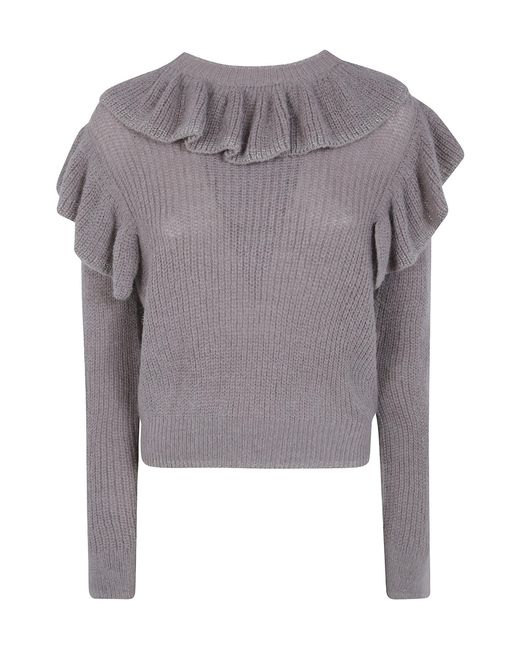 Twinset Gray Ruffleddetail Ribbed Knit Sweater