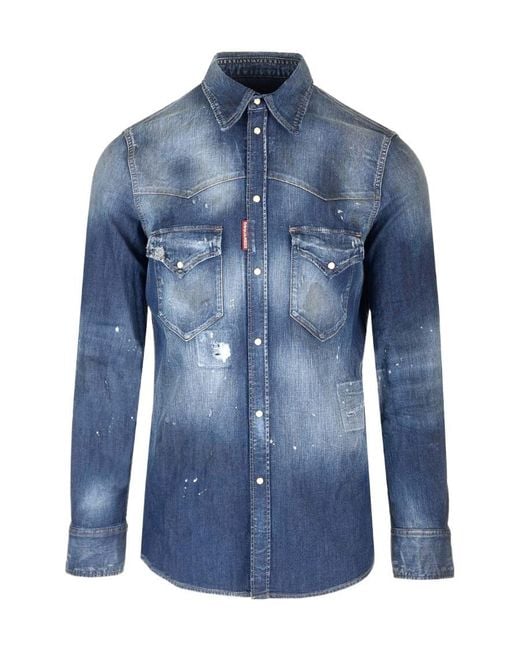 DSquared² Blue Paint-Splatter Denim Shirt for men