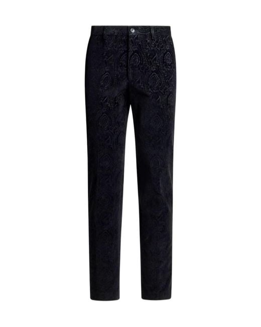 Etro Blue Cotton Velvet Trousers With Arnica Motif for men