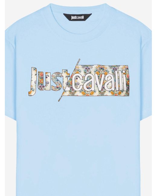 Just Cavalli Blue Floral Logo T-Shirt