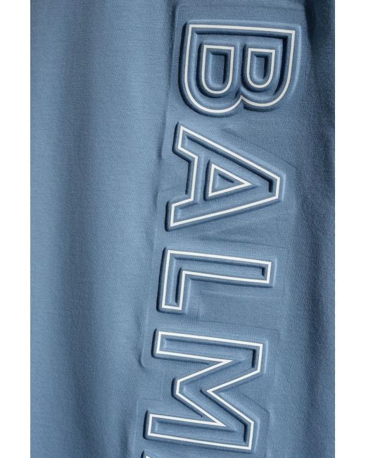 Balmain Blue Logo Embossed Crewneck T-Shirt for men