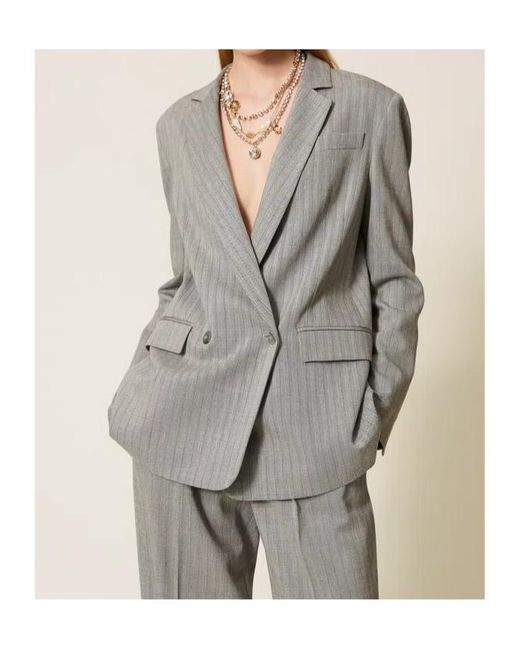 Twinset Gray Pinstriped Double-Breasted Blazer