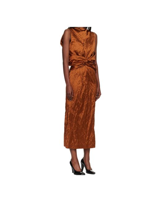 Lanvin Brown Pleated Blend Satin Long Dress
