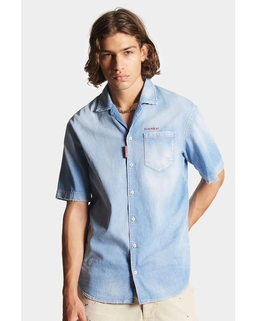 DSquared² Blue Faded Distressed Denim Shirt for men