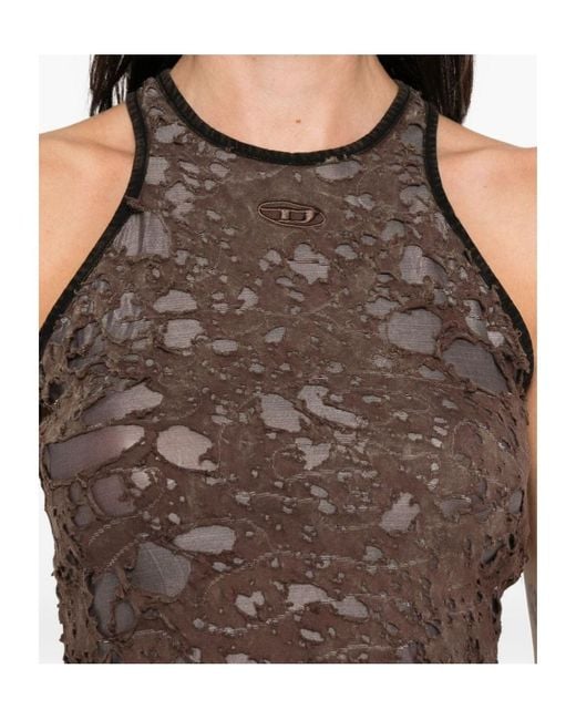 DIESEL Brown Logo Embroidered Distressed Sleeveless Top