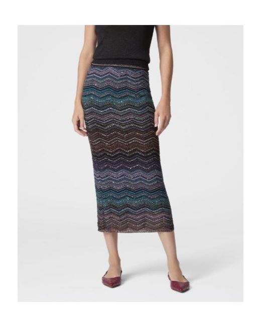 Missoni Blue Tube Viscose Chevron Lamé Long Skirt With Sequins