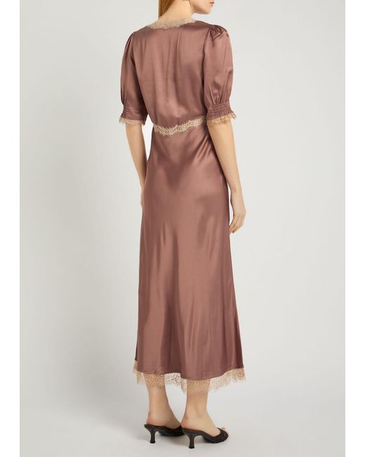 Rixo Pink Annina Lace-Embellished Satin Midi Dress