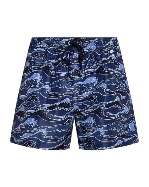 Paul Smith Blue Wave-Print Swim Shorts for men